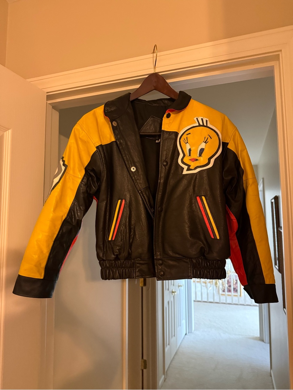 Tweety Bird Black and Yellow Leather Bomber Jacket